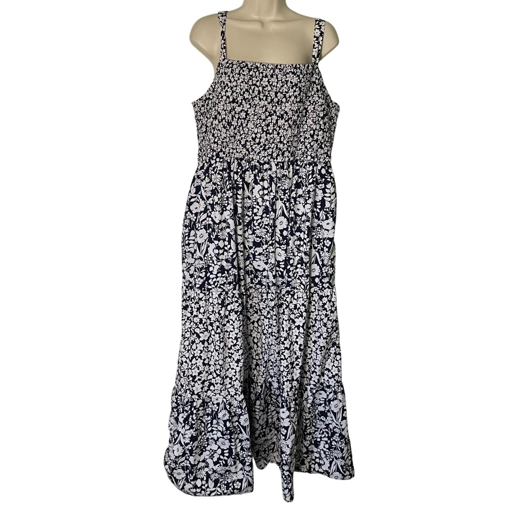 Lane Bryant Floral Smocked Bodice Maxi Dress Size 18/20 Navy Blue White Tiered